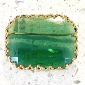 Antique Vintage Victorian Gold Brass Filigree Green Czech Glass Brooch Pin